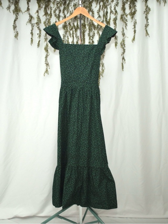 Zara Dresses & Skirts - Zara XL Dark Green Floral Cottage Core Pinafore Maxi Dress with Ruffle Straps